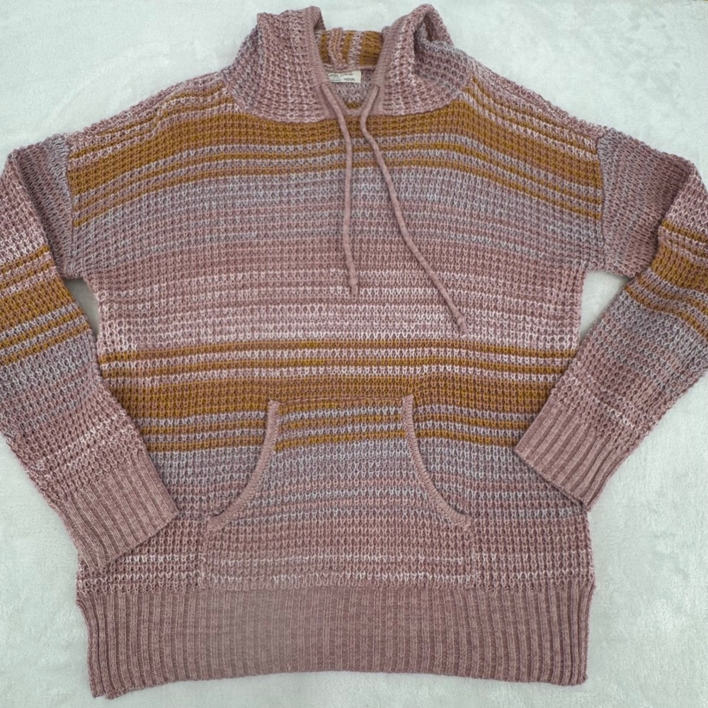 Medium Striped Knit Hoodie Sweater Mauve Mustard Relaxed Fit Full Circle Trends